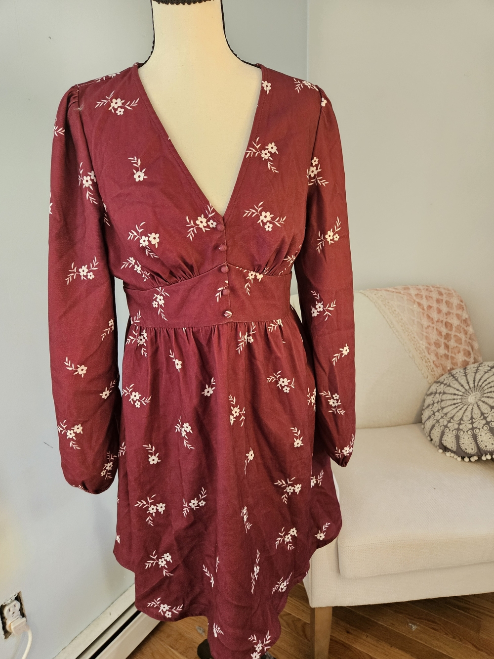Women's Burgundy Floral V-Neck Long Sleeve Dress Top. Thanksgiving, Holidays